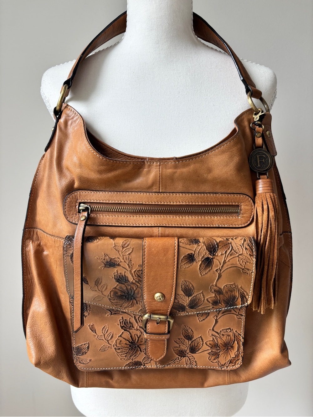 Firenze Bella Light Brown Floral-Embossed Leather Vintage-Inspired Hobo Bag